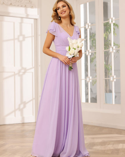 Chiffon V Neck Bow A Line Pleated Bridesmaid Dresses