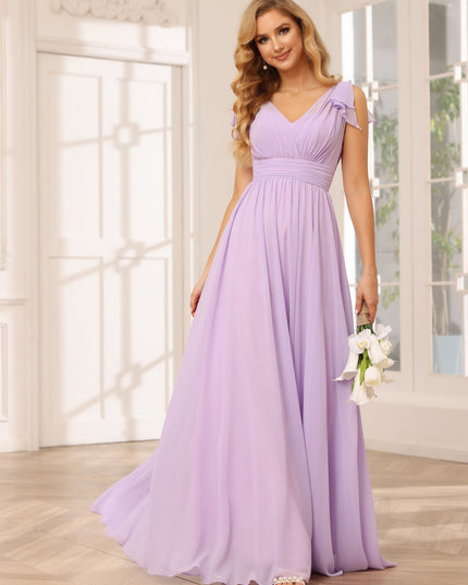Chiffon V Neck Bow A Line Pleated Bridesmaid Dresses