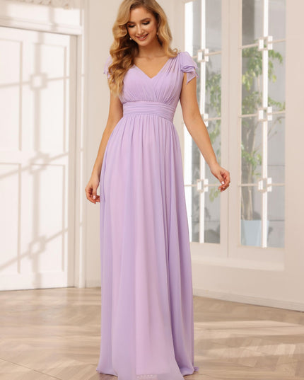 Chiffon V Neck Bow A Line Pleated Bridesmaid Dresses