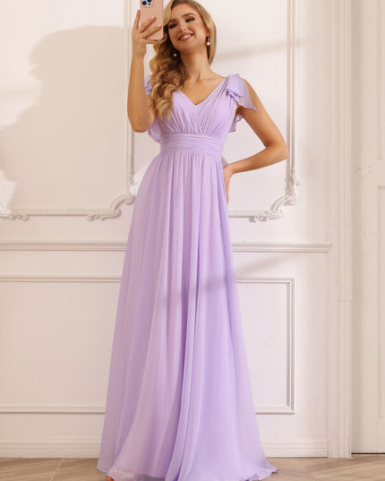 Chiffon V Neck Bow A Line Pleated Bridesmaid Dresses