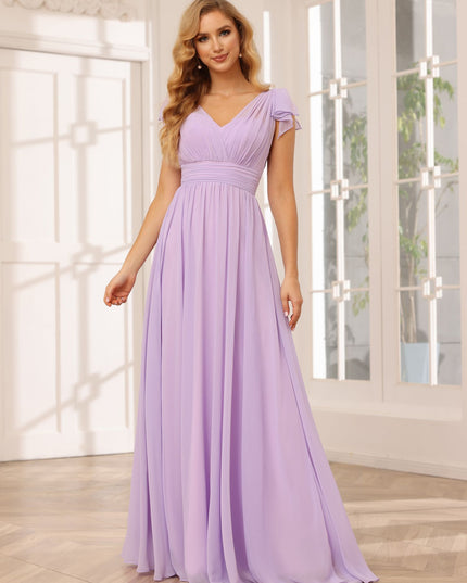 Chiffon V Neck Bow A Line Pleated Bridesmaid Dresses