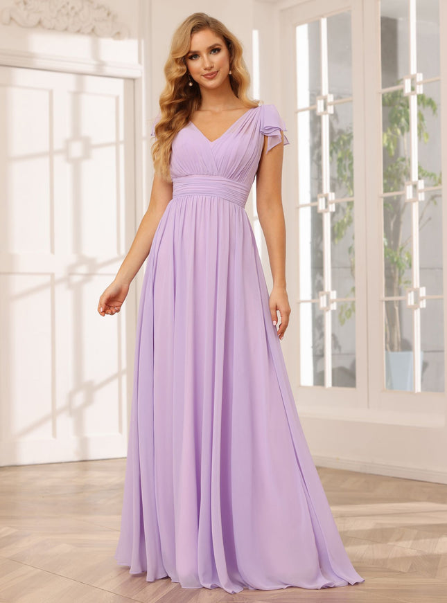 Chiffon V Neck Bow A Line Pleated Bridesmaid Dresses