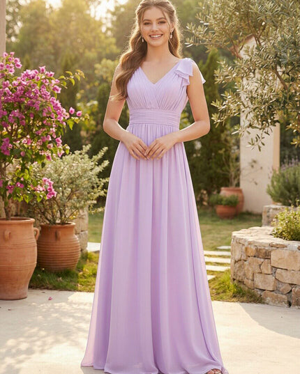 Chiffon V Neck Bow A Line Pleated Bridesmaid Dresses