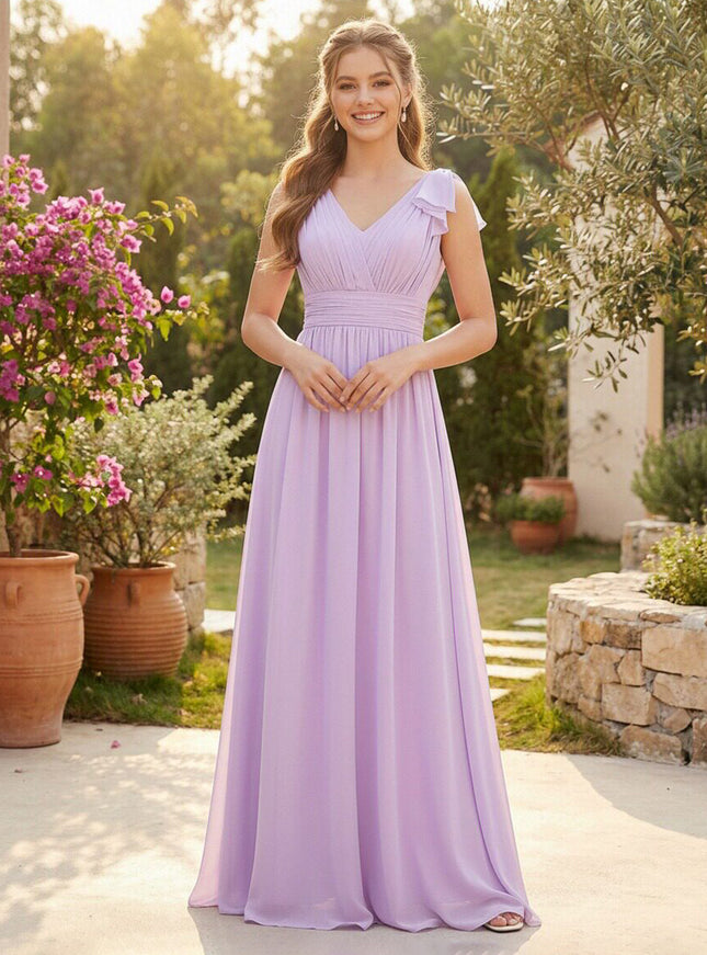 Chiffon V Neck Bow A Line Pleated Bridesmaid Dresses