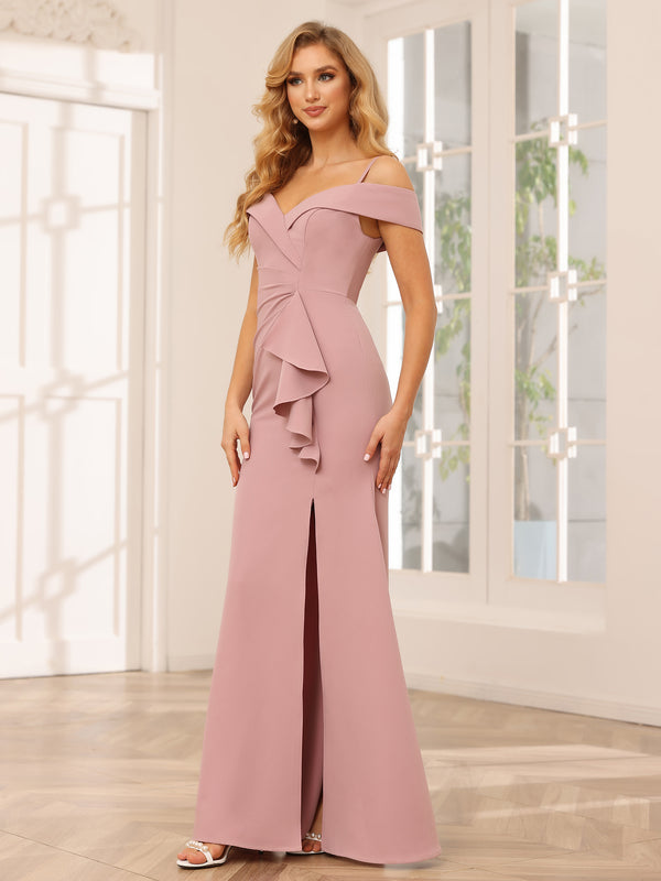 Chiffon Spaghetti Straps Ruffles Off the Shoulder Pleated Bridesmaid Dresses with Slit