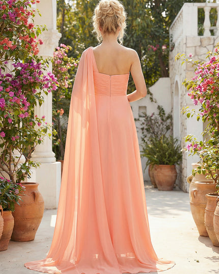 Chiffon One Shoulder Corset Pleated High Slit Bridesmaid Dresses with Cap