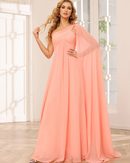 Chiffon One Shoulder Corset Pleated High Slit Bridesmaid Dresses with Cap