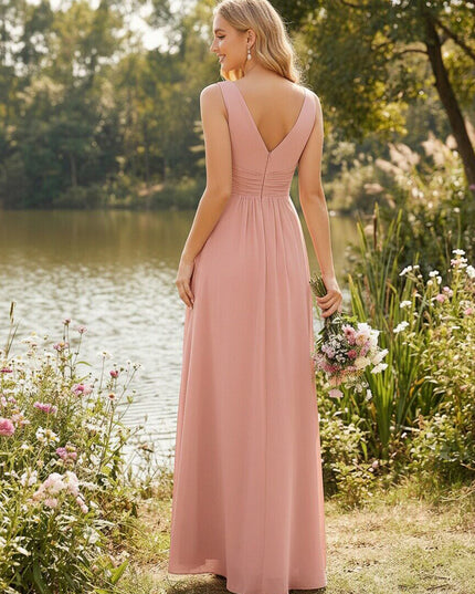 Chiffon A Line V Neck Pleated Bridesmaid Dresses for Wedding Party