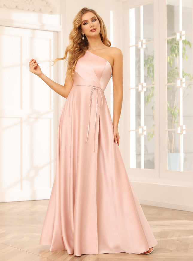 Satin One Shoulder Corset Pleated A Line Bridesmaid Dresses