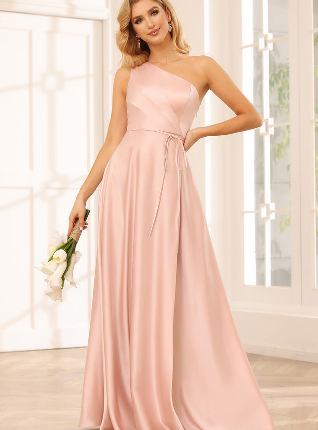 Satin One Shoulder Corset Pleated A Line Bridesmaid Dresses