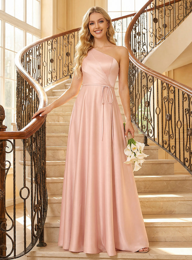 Satin One Shoulder Corset Pleated A Line Bridesmaid Dresses