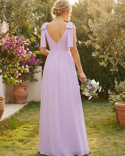 Chiffon V Neck Bow A Line Pleated Bridesmaid Dresses with Slit