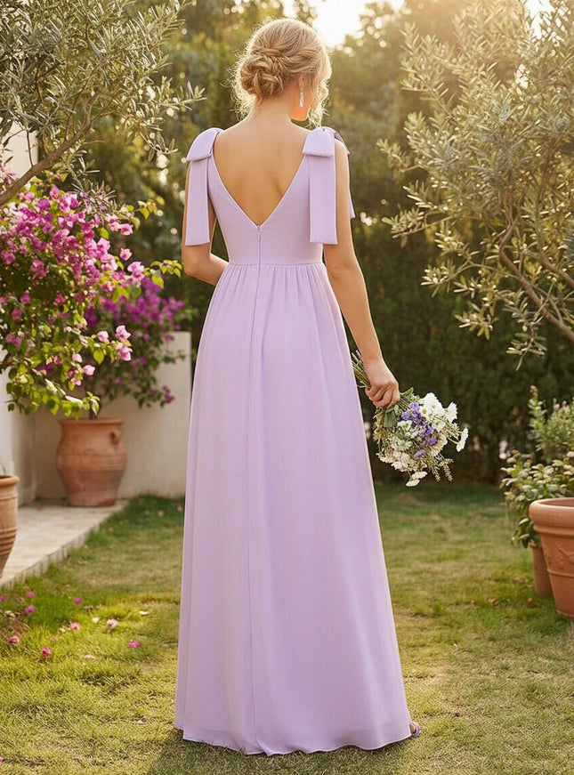Chiffon V Neck Bow A Line Pleated Bridesmaid Dresses with Slit