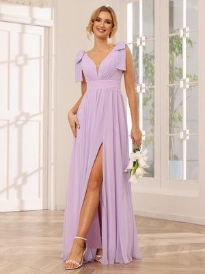 Chiffon V Neck Bow A Line Pleated Bridesmaid Dresses with Slit
