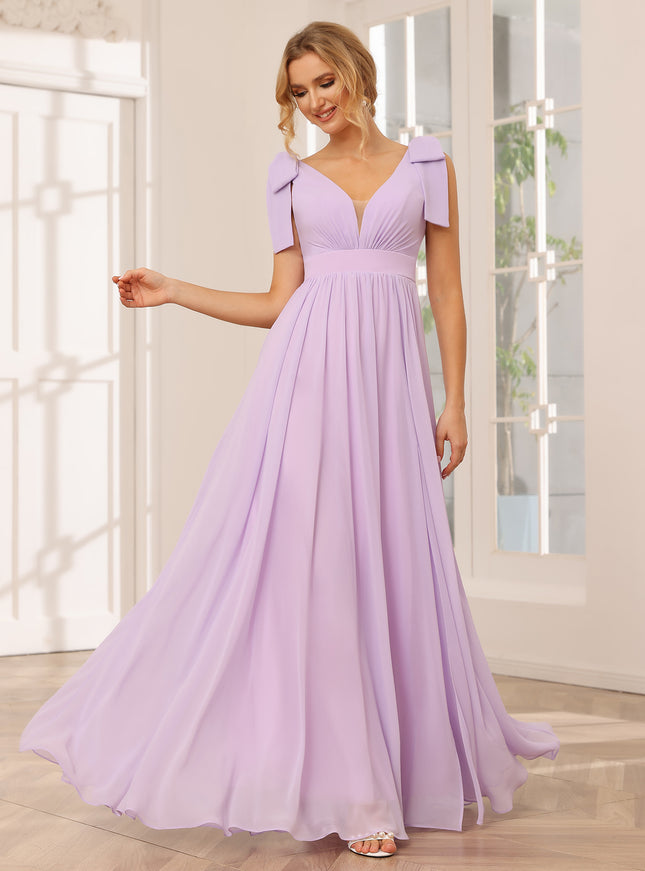 Chiffon V Neck Bow A Line Pleated Bridesmaid Dresses with Slit