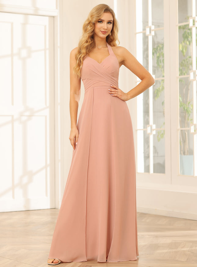 Chiffon V Neck Spaghetti Straps A Line Pleated Bridesmaid Dresses