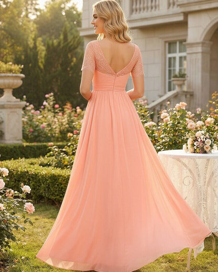 Chiffon V Neck Lace Appliques A Line Pleated Bridesmaid Dresses