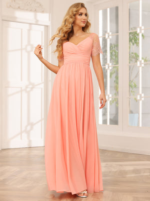 Chiffon V Neck Lace Appliques A Line Pleated Bridesmaid Dresses