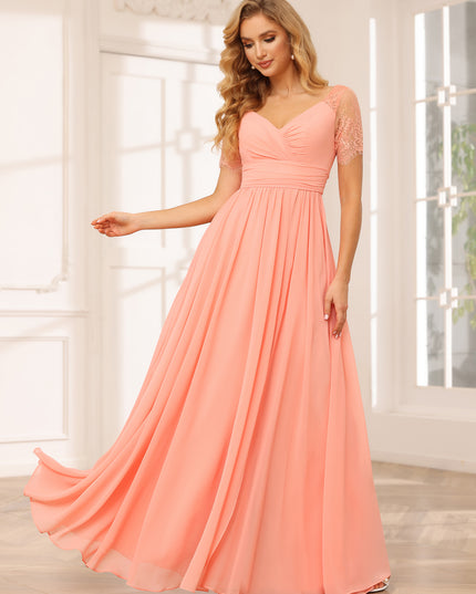 Chiffon V Neck Lace Appliques A Line Pleated Bridesmaid Dresses
