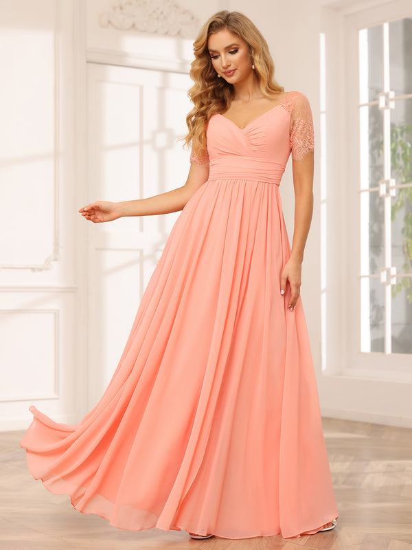 Chiffon V Neck Lace Appliques A Line Pleated Bridesmaid Dresses