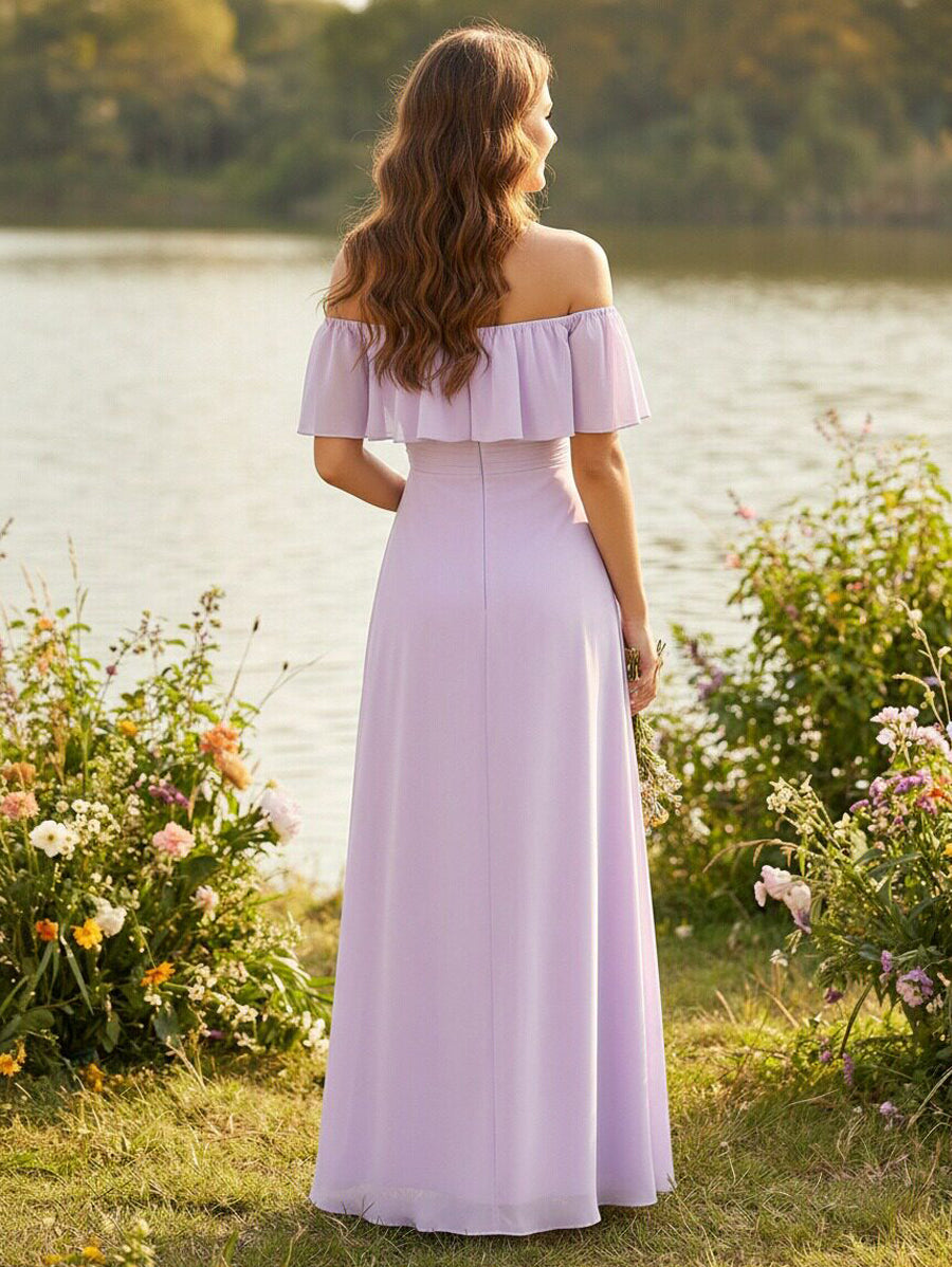 Chiffon Strapless Ruffles A Line Bridesmaid Dresses with Slit