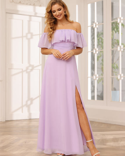Chiffon Strapless Ruffles A Line Bridesmaid Dresses with Slit