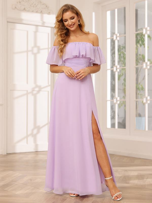Chiffon Strapless Ruffles A Line Bridesmaid Dresses with Slit