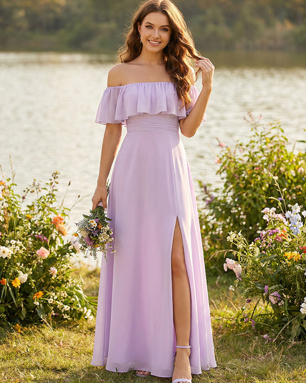 Chiffon Strapless Ruffles A Line Bridesmaid Dresses with Slit