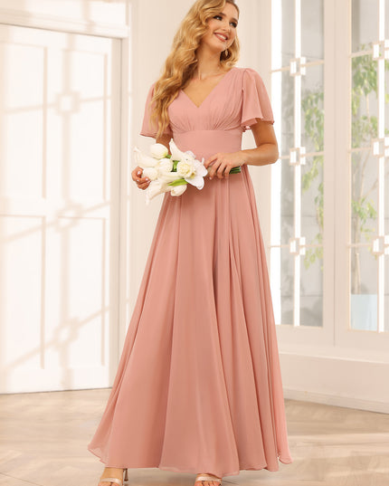 Chiffon Short Sleeves A Line V Neck Pleated Bridesmaid Dresses