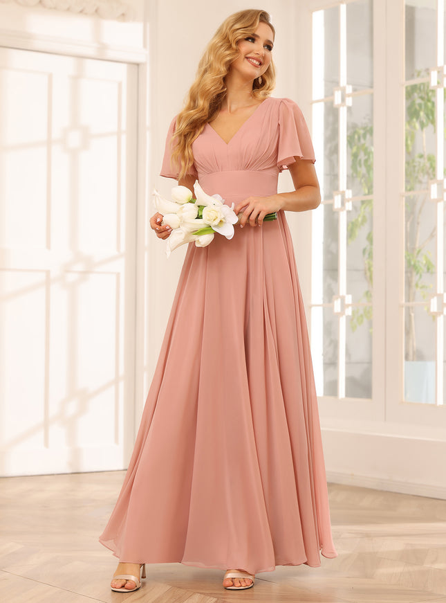Chiffon Short Sleeves A Line V Neck Pleated Bridesmaid Dresses