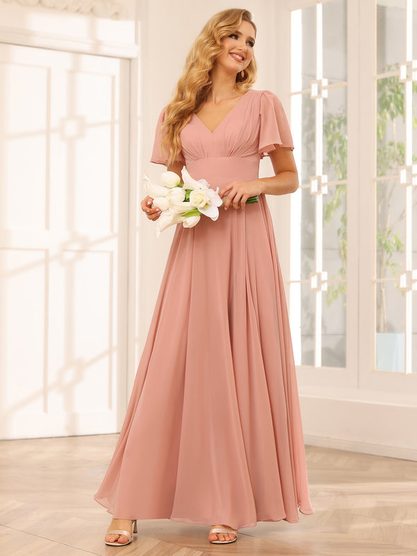 Chiffon Short Sleeves A Line V Neck Pleated Bridesmaid Dresses