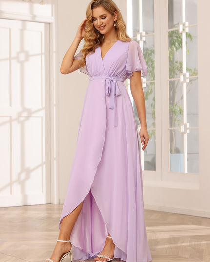 Chiffon Bow Short Sleeves A Line V Neck Pleated Bridesmaid Dresses