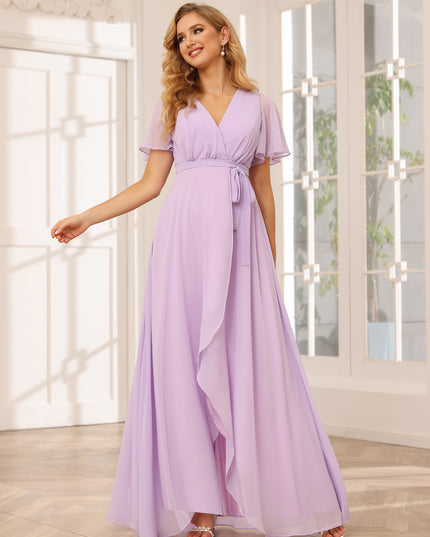 Chiffon Bow Short Sleeves A Line V Neck Pleated Bridesmaid Dresses