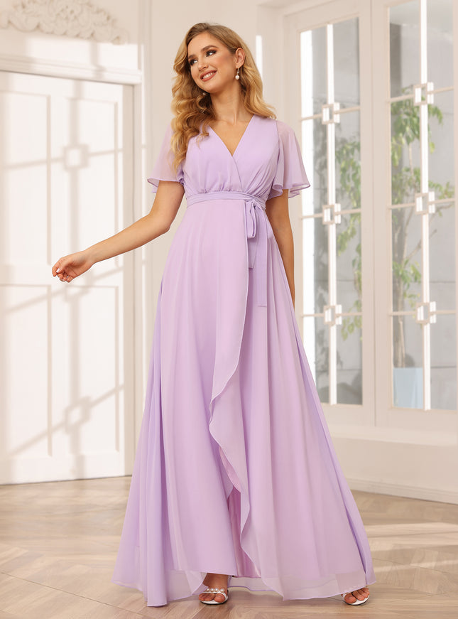 Chiffon Bow Short Sleeves A Line V Neck Pleated Bridesmaid Dresses