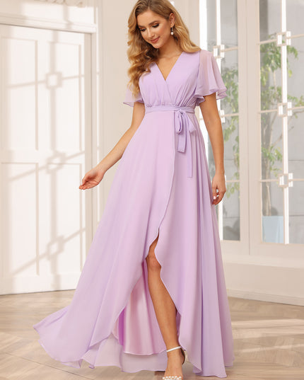 Chiffon Bow Short Sleeves A Line V Neck Pleated Bridesmaid Dresses