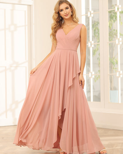 Chiffon V Neck High Low Ruffles Pleated Bridesmaid Dresses