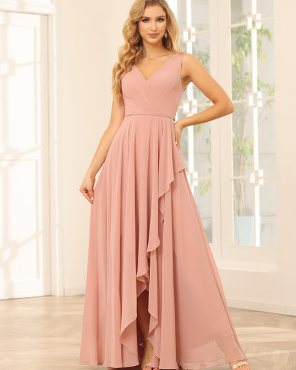 Chiffon V Neck High Low Ruffles Pleated Bridesmaid Dresses