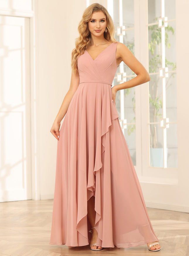Chiffon V Neck High Low Ruffles Pleated Bridesmaid Dresses
