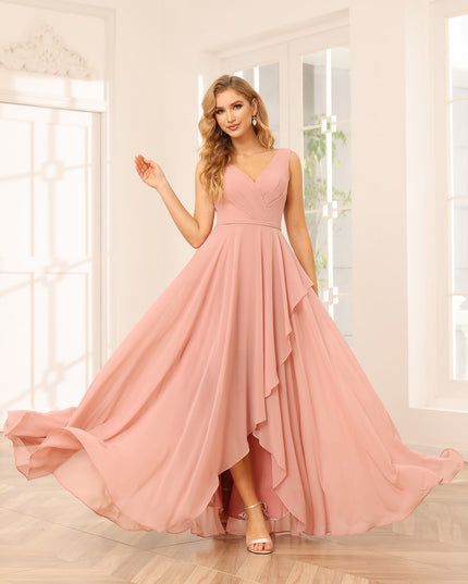Chiffon V Neck High Low Ruffles Pleated Bridesmaid Dresses