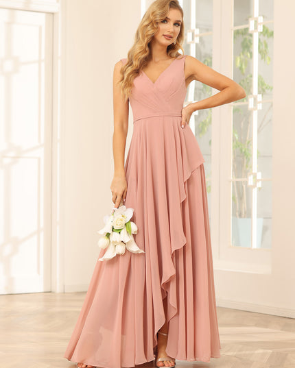 Chiffon V Neck High Low Ruffles Pleated Bridesmaid Dresses