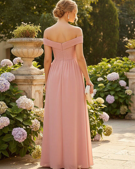 Chiffon Off the Shoulder Sweetheart Pleated Bridesmaid Dresses with Slit