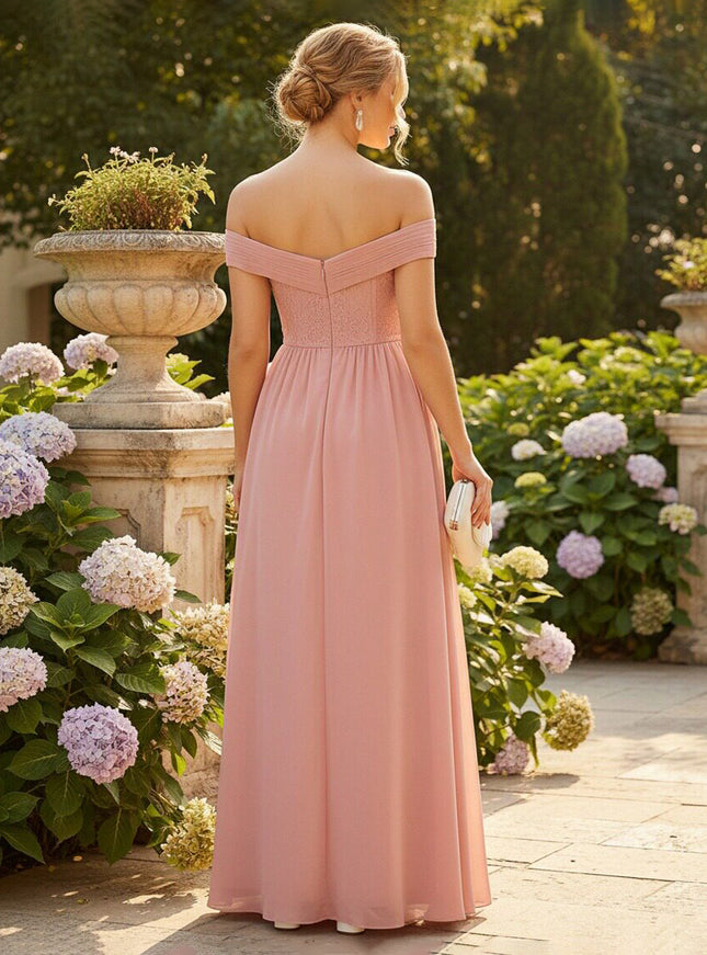 Chiffon Off the Shoulder Sweetheart Pleated Bridesmaid Dresses with Slit