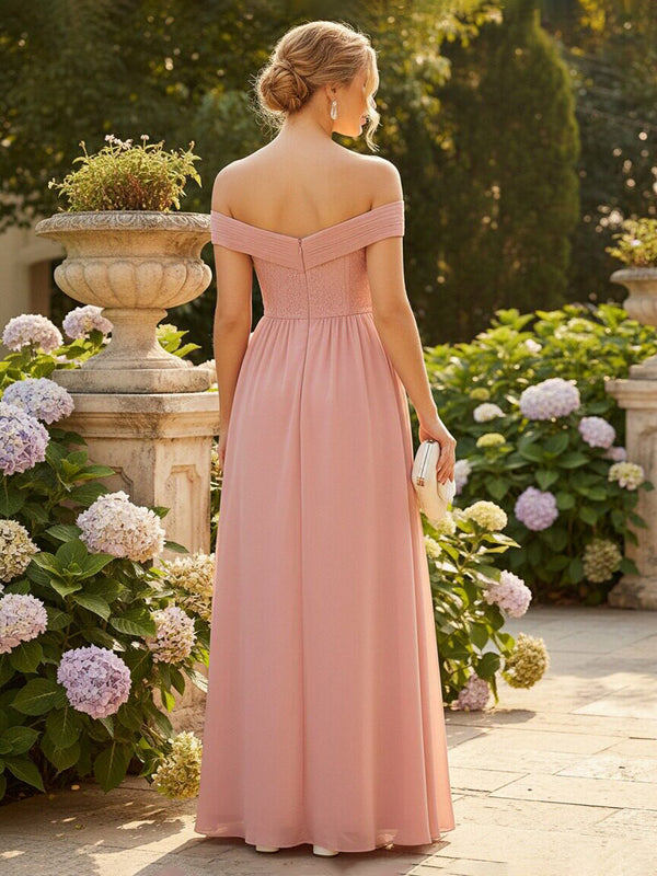 Chiffon Off the Shoulder Sweetheart Pleated Bridesmaid Dresses with Slit