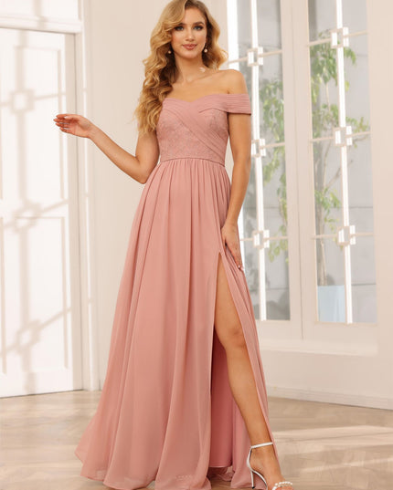 Chiffon Off the Shoulder Sweetheart Pleated Bridesmaid Dresses with Slit
