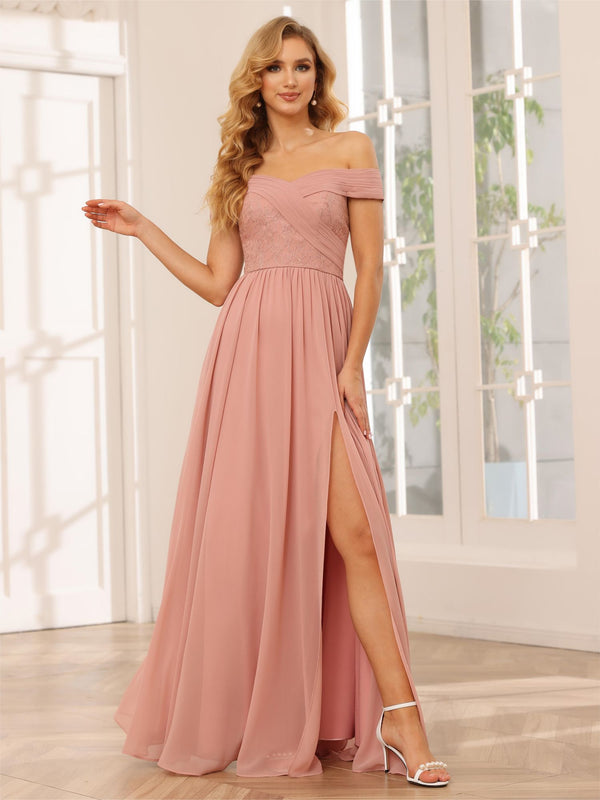 Chiffon Off the Shoulder Sweetheart Pleated Bridesmaid Dresses with Slit