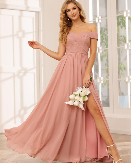 Chiffon Off the Shoulder Sweetheart Pleated Bridesmaid Dresses with Slit