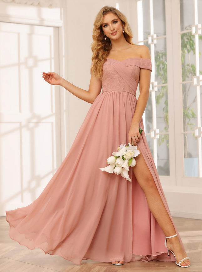 Chiffon Off the Shoulder Sweetheart Pleated Bridesmaid Dresses with Slit