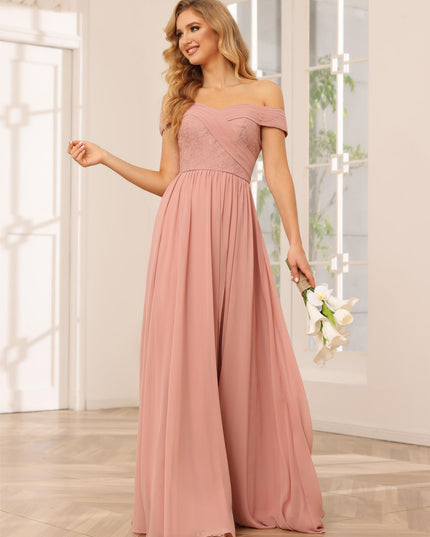 Chiffon Off the Shoulder Sweetheart Pleated Bridesmaid Dresses with Slit
