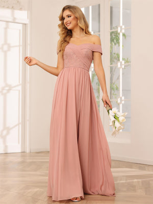 Chiffon Off the Shoulder Sweetheart Pleated Bridesmaid Dresses with Slit