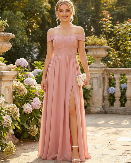 Chiffon Off the Shoulder Sweetheart Pleated Bridesmaid Dresses with Slit